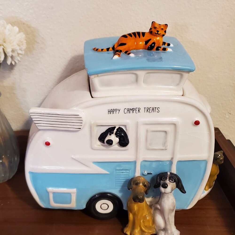 Happy Camper Treats Cookie Jar RV Camper Trailer Dog Cat Camping Kitchen Decor